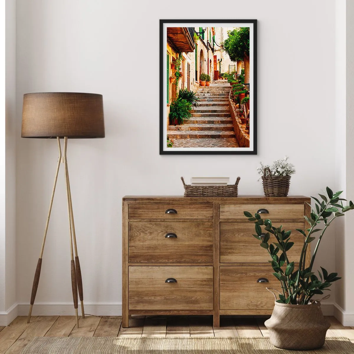 Plakát v černém rámu - Kouzlo středomořské ulice - 50x70cm - Kouzlo španělské dovolené - Moderní nástěnná dekorace do obývacího pokoje a ložnice ARTTOR