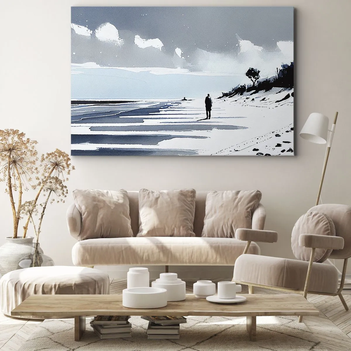 Obraz na plátně - Osamělá postava kráčející po prázdné pláži - 70x50cm - O samotě - Moderní nástěnná dekorace do obývacího pokoje a ložnice ARTTOR