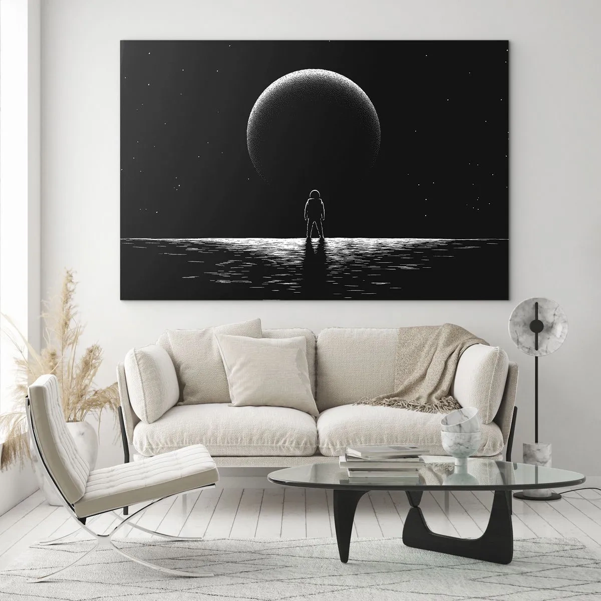 Obraz na skle - Astronaut stojící před planetou v černé a bílé - 70x50cm - Tváři v tvář - Moderní nástěnná dekorace do obývacího pokoje a ložnice ARTTOR