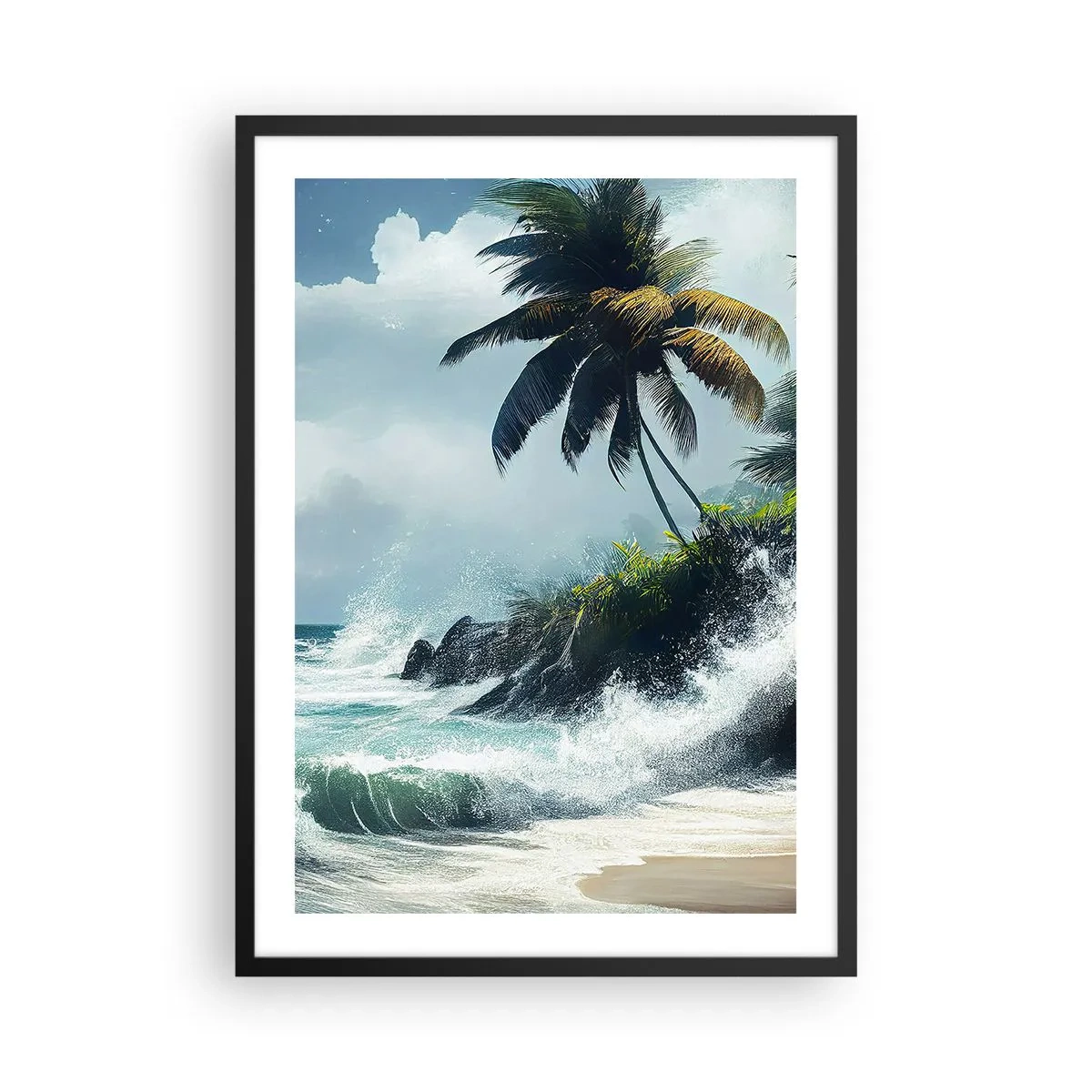Plakát v černém rámu - Tropická pláž s palmami a rozbouřeným oceánem - 50x70cm - Na tropickém pobřeží - Moderní nástěnná dekorace do obývacího pokoje a ložnice ARTTOR