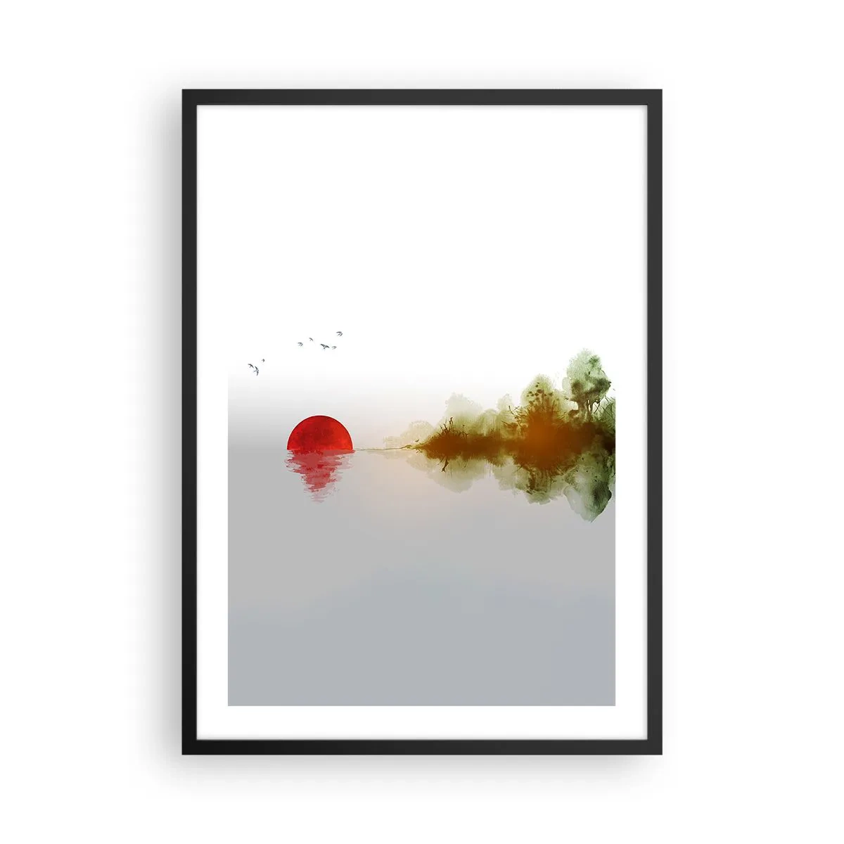 Plakát v černém rámu - Minimalistická krajina s rudým sluncem a jezerem. - 50x70cm - Příslib klidu - Moderní nástěnná dekorace do obývacího pokoje a ložnice ARTTOR