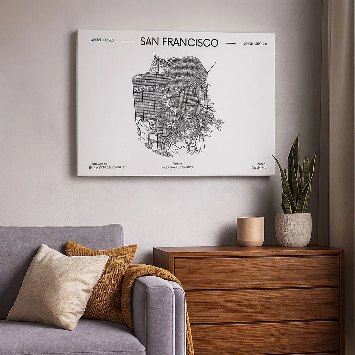 Obraz na plátně - Mapa San Francisca v minimalistickém černobílém stylu. - 70x50cm - Anatomie San Francisca - Moderní nástěnná dekorace do obývacího pokoje a ložnice ARTTOR