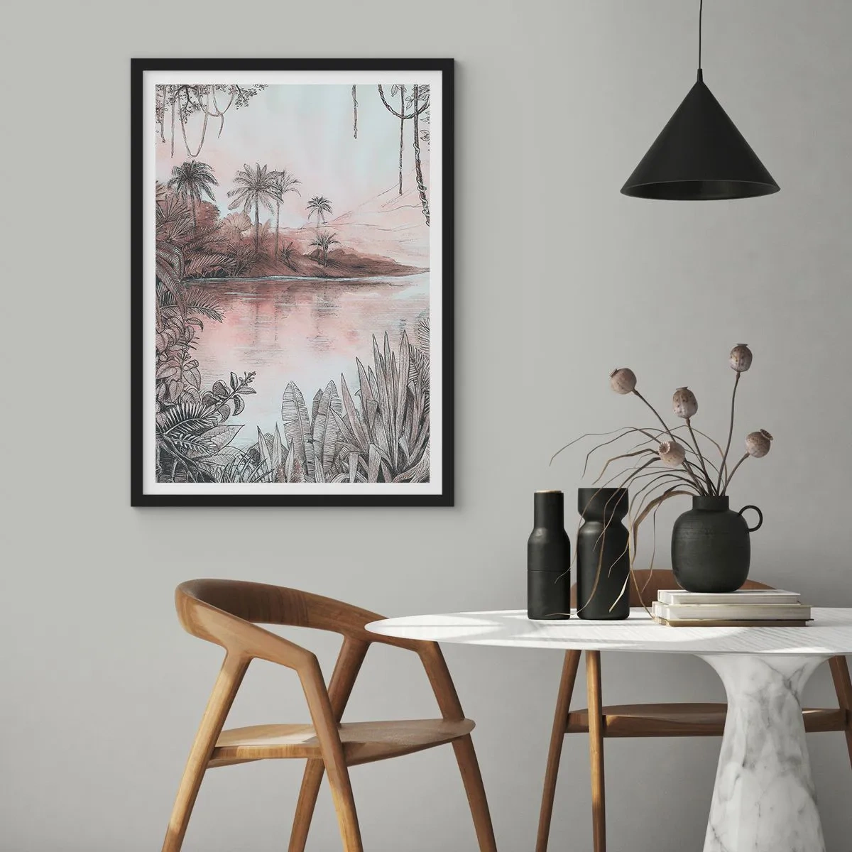 Plakát v černém rámu - Exotická krajina u vody - 50x70cm - Deník cestovatele z 19. století - Moderní nástěnná dekorace do obývacího pokoje a ložnice ARTTOR