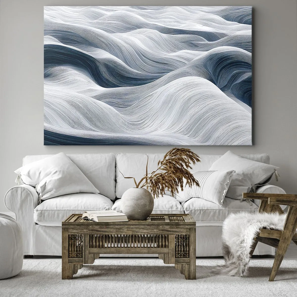 Obraz na plátně - Vlnité čáry v odstínech modré a bílé - 70x50cm - Bílé a modré vlny - Moderní nástěnná dekorace do obývacího pokoje a ložnice ARTTOR
