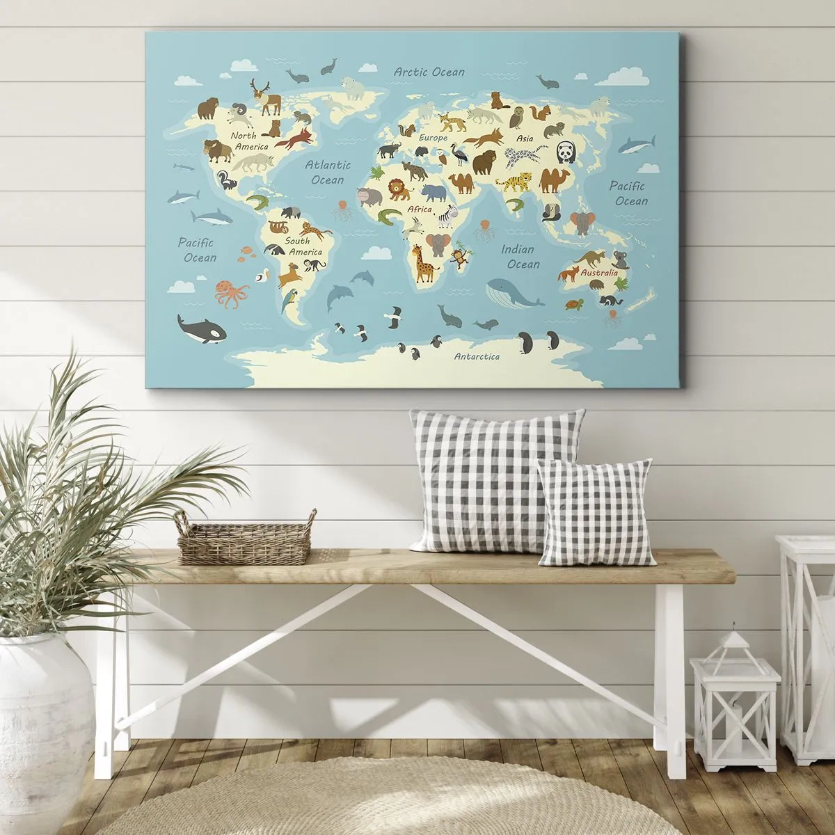 Obraz na plátně - Mapa světa s ilustracemi zvířat - 70x50cm - Dobří sousedé - Moderní nástěnná dekorace do obývacího pokoje a ložnice ARTTOR