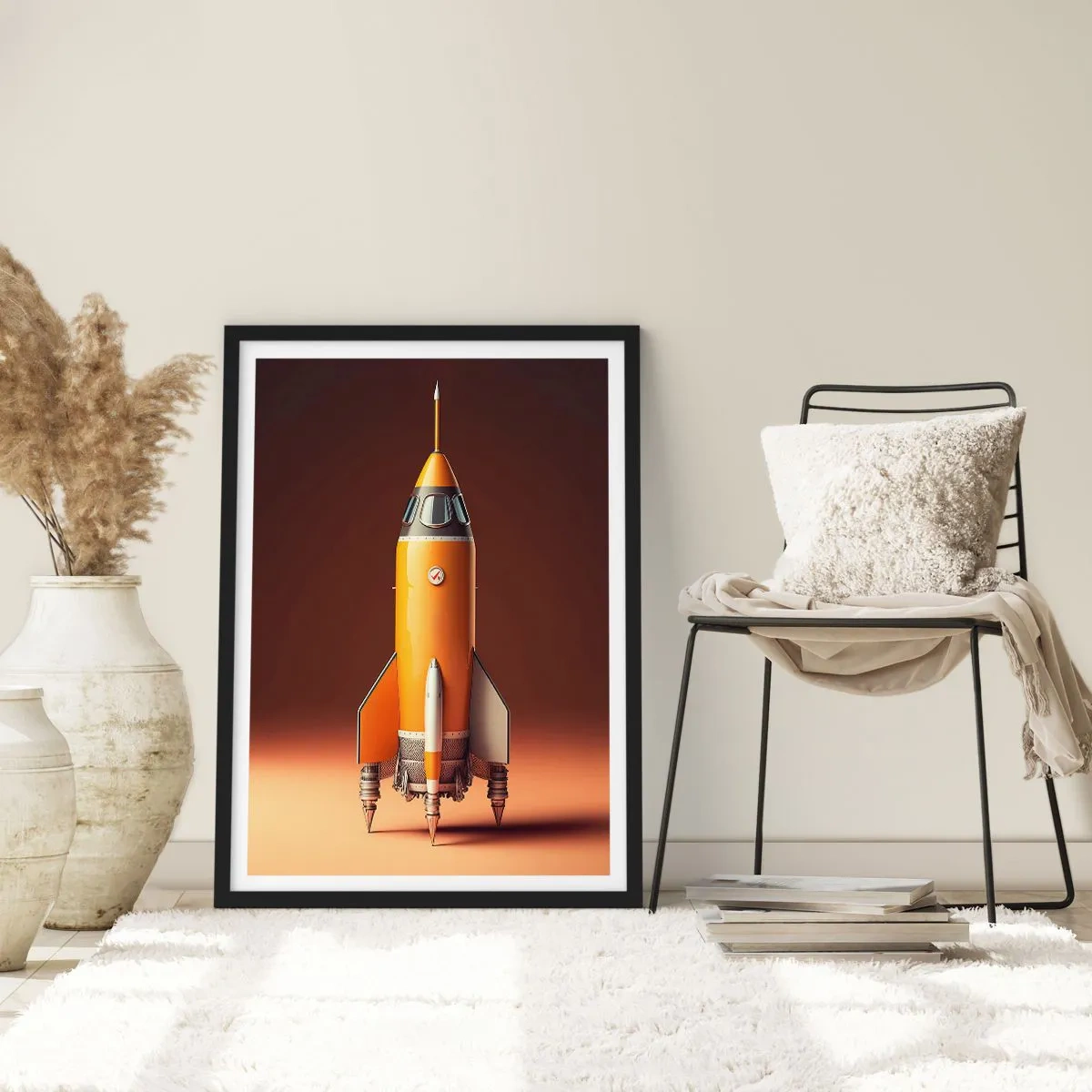 Plakát v černém rámu - Moderní vesmírná raketa na pozadí teplých barev. - 50x70cm - Začíná to snem - Moderní nástěnná dekorace do obývacího pokoje a ložnice ARTTOR