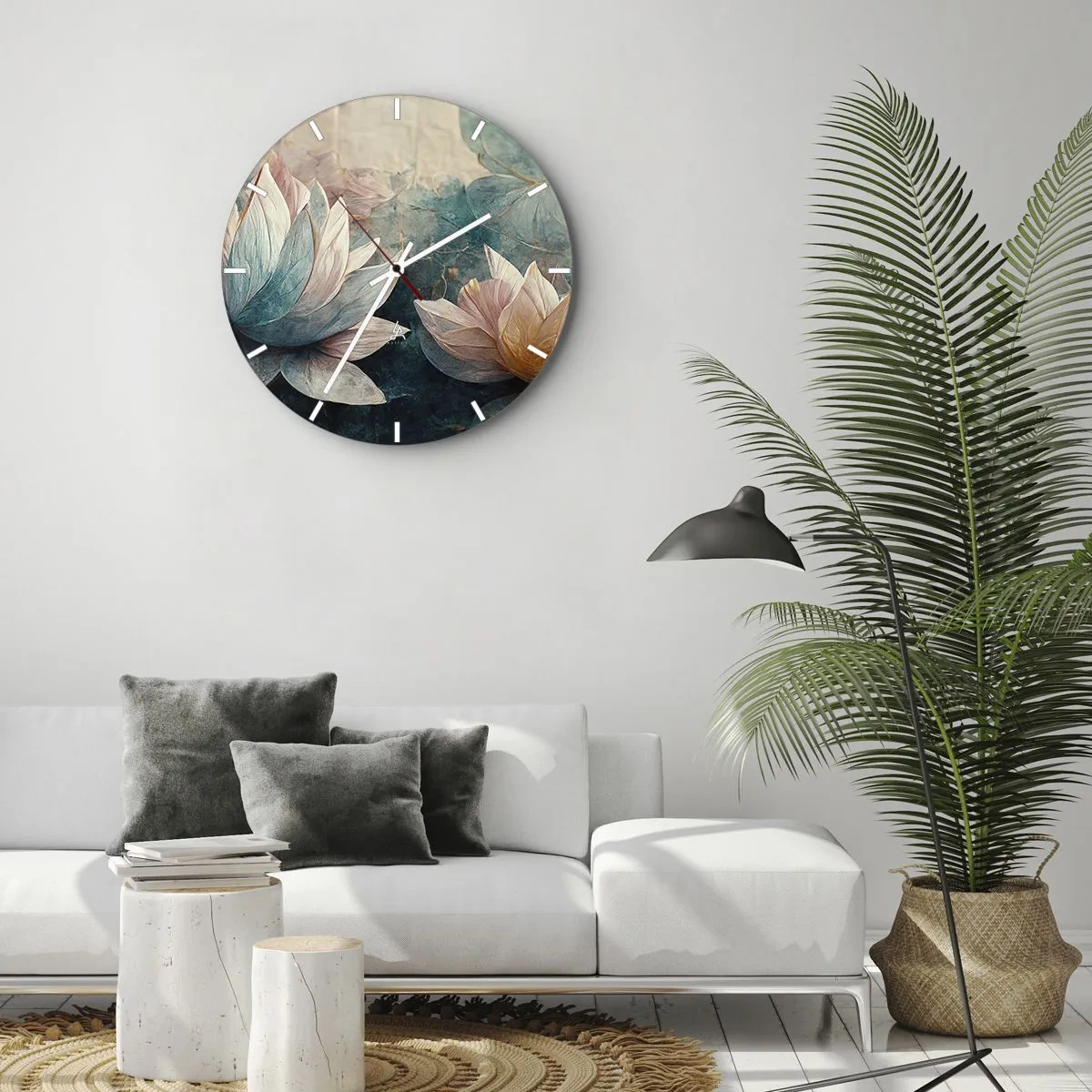 Nástěnné hodiny - Lotosové květy na pozadí zelenomodré hladiny jezera - 30x30cm - Hvězdy a jezero - Moderní nástěnná dekorace do obývacího pokoje, kuchyně a ložnice ARTTOR