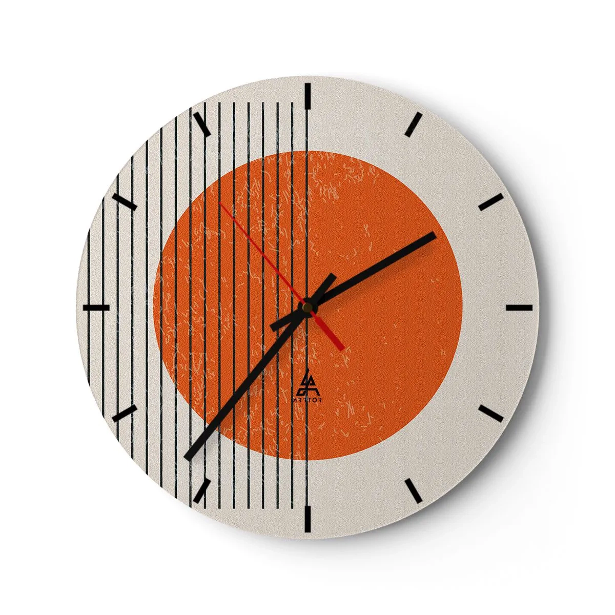 Nástěnné hodiny - Oranžový kruh a černé čáry na béžovém pozadí - 30x30cm - Vždy slunce - Moderní nástěnná dekorace do obývacího pokoje, kuchyně a ložnice ARTTOR