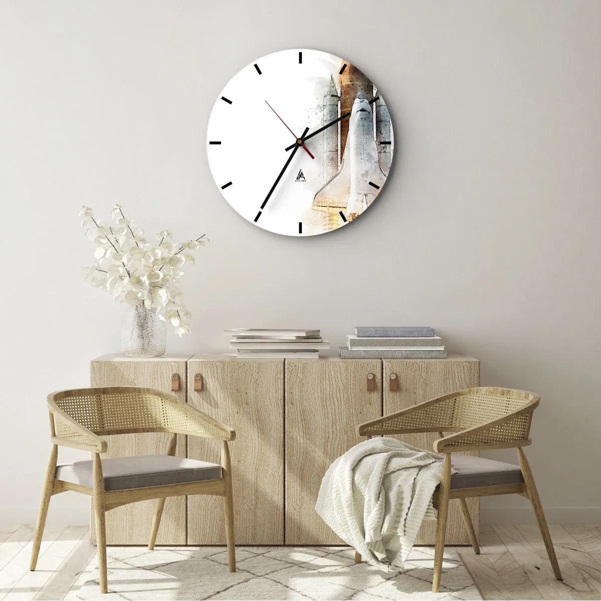 Nástěnné hodiny - Akvarel styl raketového startu na bílém pozadí - 30x30cm - Průzkumníci do toho - Moderní nástěnná dekorace do obývacího pokoje, kuchyně a ložnice ARTTOR