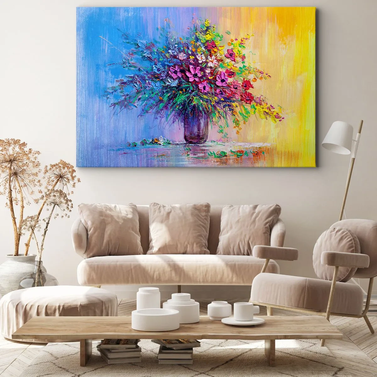 Obraz na plátně - Barevná kytice květin ve váze na gradientním pozadí - 70x50cm - Dar letní louky - Moderní nástěnná dekorace do obývacího pokoje a ložnice ARTTOR