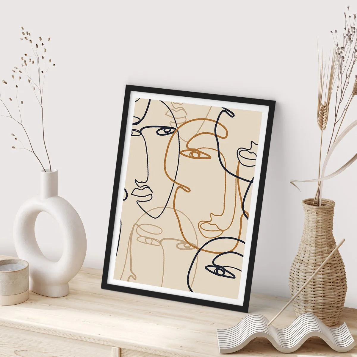Plakát v černém rámu - Minimalistické kresby obličejů na béžovém pozadí - 50x70cm - Portrét znásobený - Moderní nástěnná dekorace do obývacího pokoje a ložnice ARTTOR