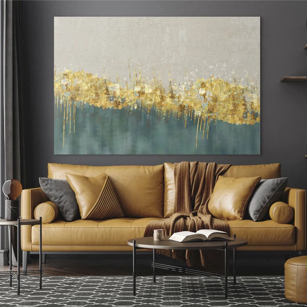 Obraz na skle - Zlaté akcenty vytvářejí hranici mezi béžovou a lahvově zelenou - 70x50cm - Zlatá hranice - Moderní nástěnná dekorace do obývacího pokoje a ložnice ARTTOR