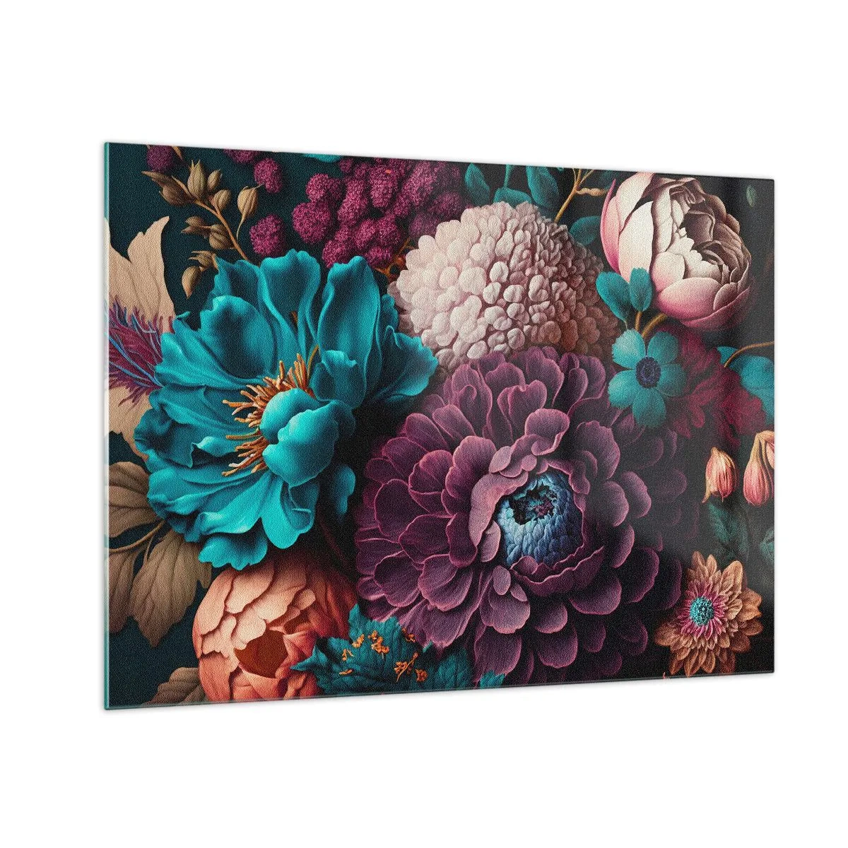 Obraz na skle - Bohatá kompozice květin v intenzivních barvách - 70x50cm - Úroda přírody - Moderní nástěnná dekorace do obývacího pokoje a ložnice ARTTOR