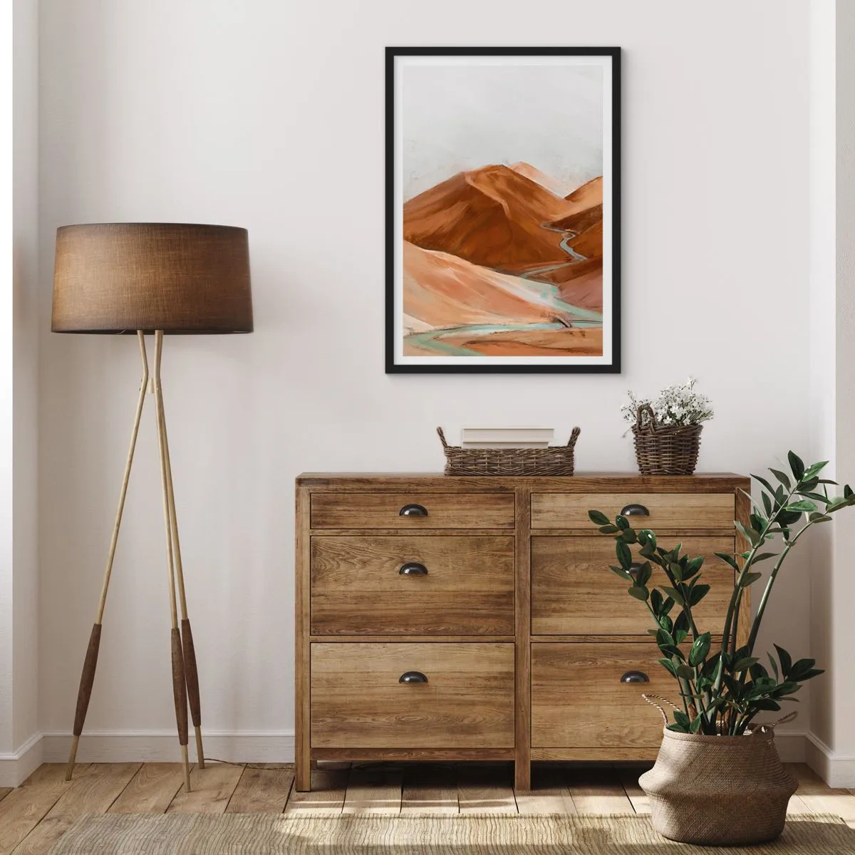 Plakát v černém rámu - Řeka protékající hnědými horami, stylizovaná krajina - 50x70cm - K prameni - Moderní nástěnná dekorace do obývacího pokoje a ložnice ARTTOR