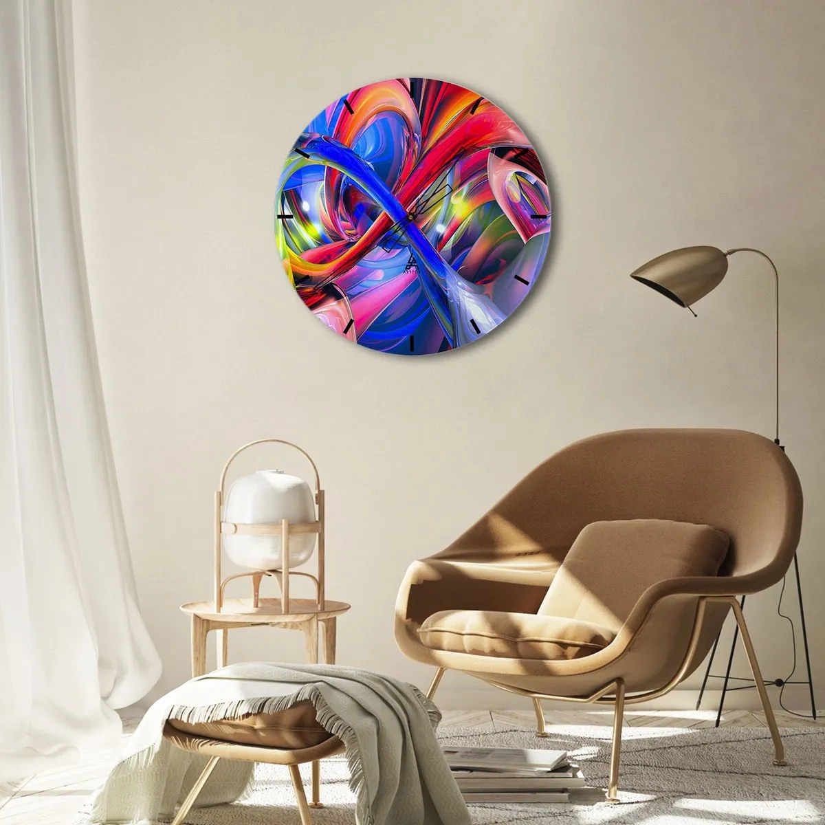 Nástěnné hodiny - Abstraktní kompozice v živých a intenzivních barvách. - 30x30cm - Tanec barev - Moderní nástěnná dekorace do obývacího pokoje, kuchyně a ložnice ARTTOR