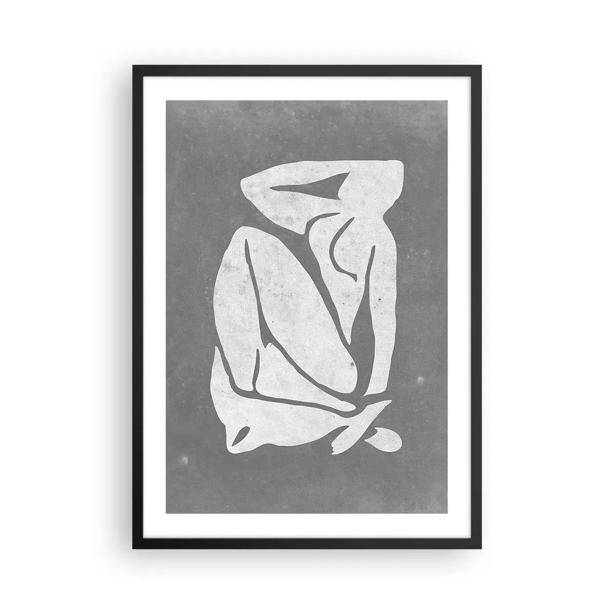 Plakát v černém rámu - Minimalistická silueta ženy v odstínech šedé - 50x70cm - V zádumčivosti - Moderní nástěnná dekorace do obývacího pokoje a ložnice ARTTOR
