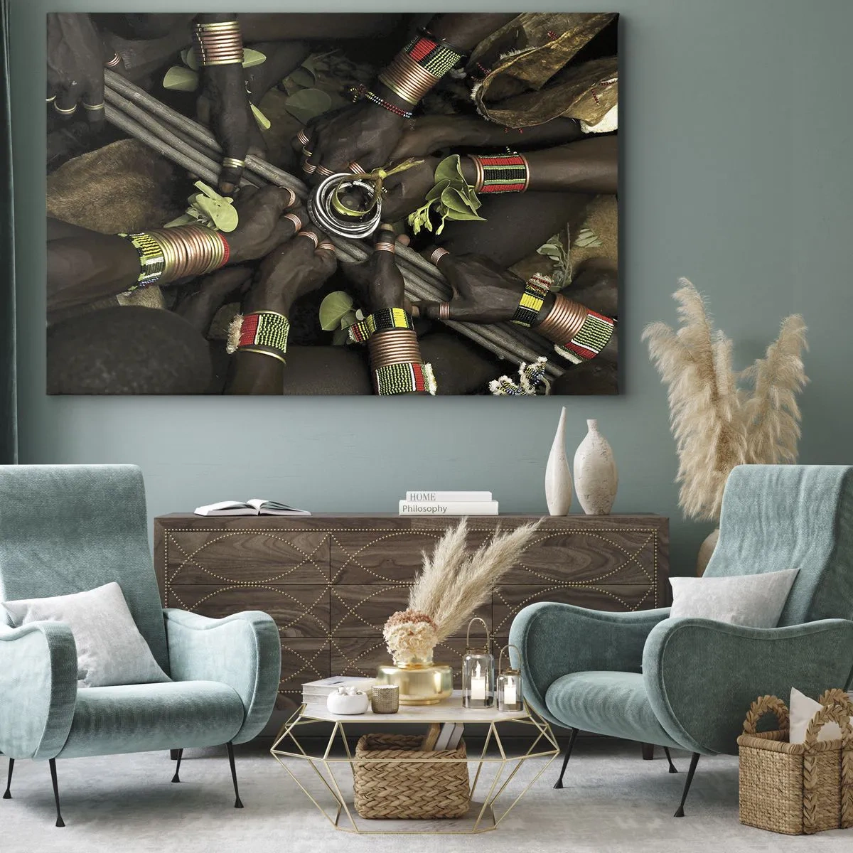 Obraz na plátně - Tradiční náramky na ruce ve skupině rukou - 70x50cm - Jsme spolu - Moderní nástěnná dekorace do obývacího pokoje a ložnice ARTTOR