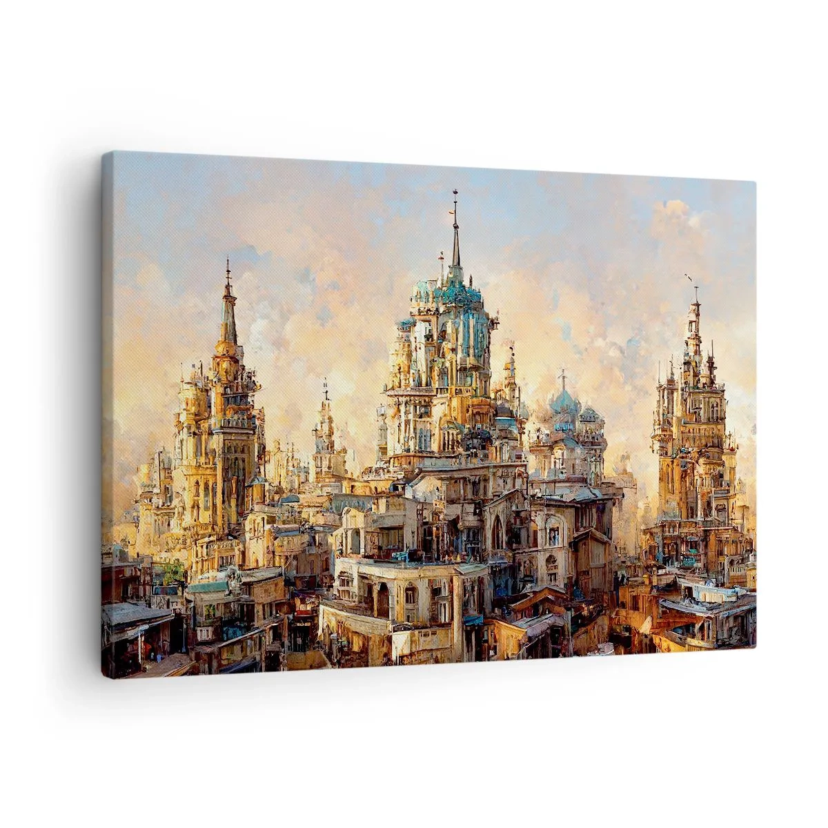 Obraz na plátně - Architektonické věže v paprscích zapadajícího slunce - 70x50cm - Město měst - Moderní nástěnná dekorace do obývacího pokoje a ložnice ARTTOR