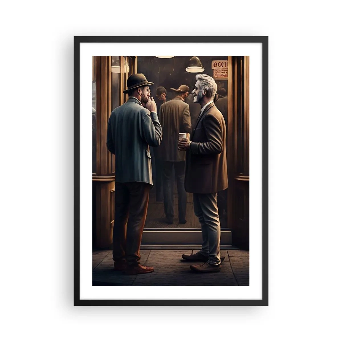 Plakát v černém rámu - Dva elegantní muži si povídají před kavárnou - 50x70cm - Dobrá chvíle dne - Moderní nástěnná dekorace do obývacího pokoje a ložnice ARTTOR
