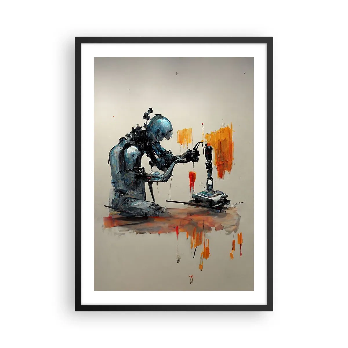 Plakát v černém rámu - Kybernetický robot při tvorbě umění. - 50x70cm - Už zítra… - Moderní nástěnná dekorace do obývacího pokoje a ložnice ARTTOR