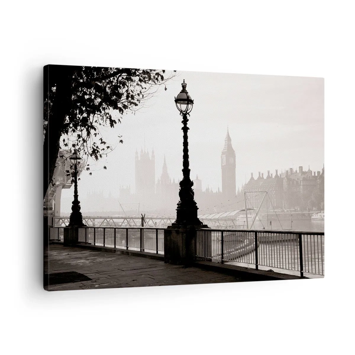 Obraz na plátně - Monochromatický pohled na Big Ben a Temži. - 70x50cm - Londýnské ráno - Moderní nástěnná dekorace do obývacího pokoje a ložnice ARTTOR