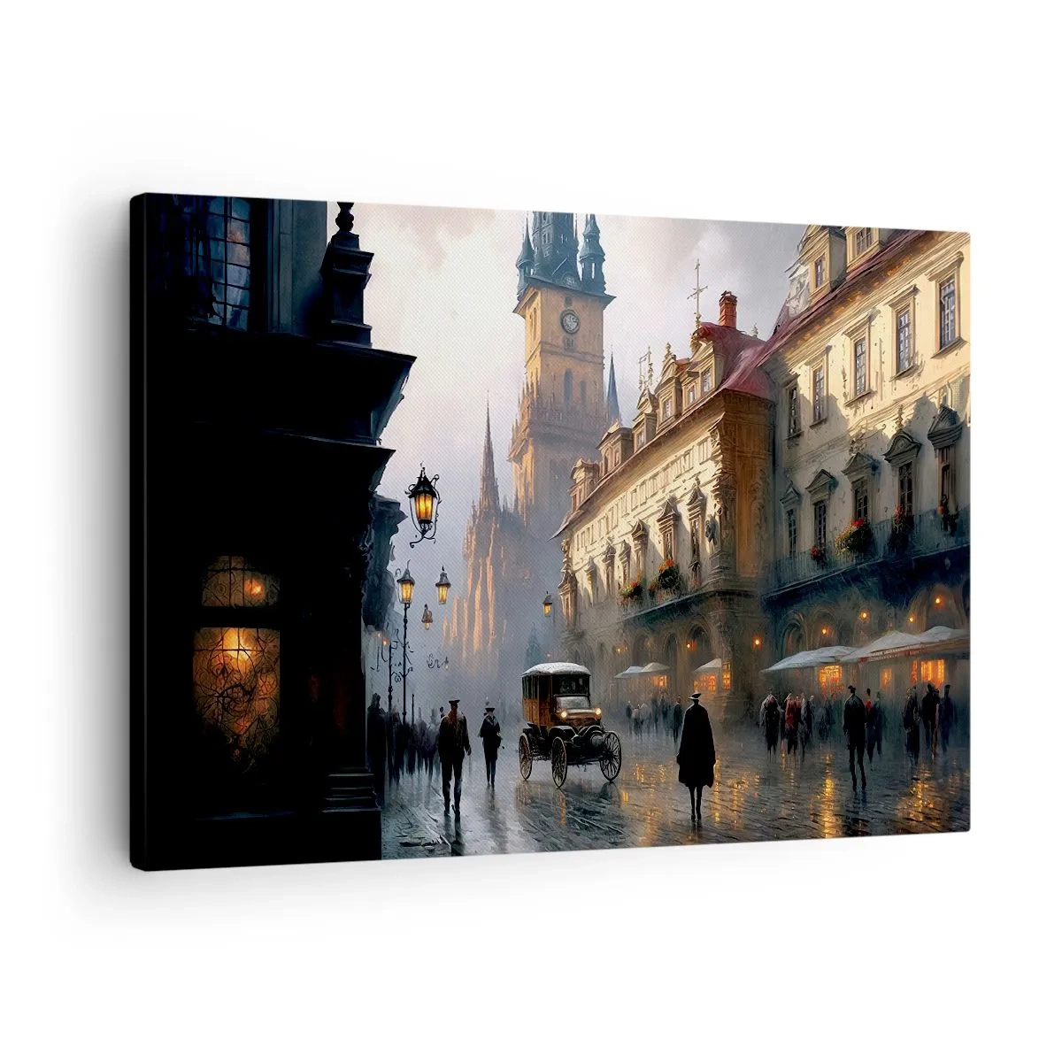 Obraz na plátně - Večerní pouliční scéna s historickou architekturou - 70x50cm - Kouzlo pražského večera - Moderní nástěnná dekorace do obývacího pokoje a ložnice ARTTOR