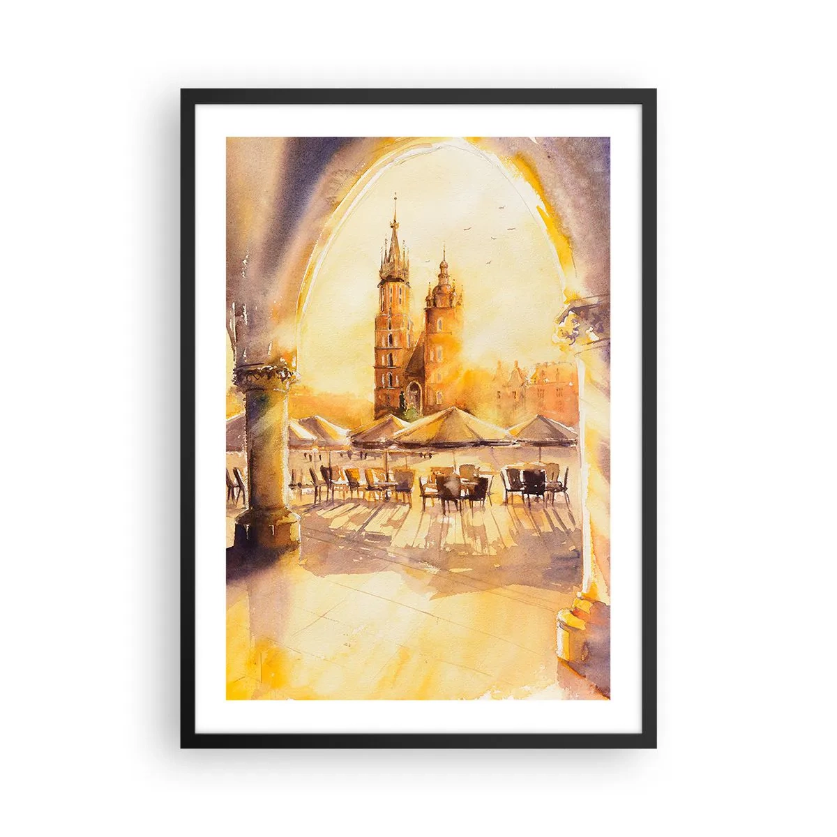 Plakát v černém rámu - Akvarel zobrazující krakovské náměstí při západu slunce. - 50x70cm - Východ slunce nad krakovským náměstím - Moderní nástěnná dekorace do obývacího pokoje a ložnice ARTTOR