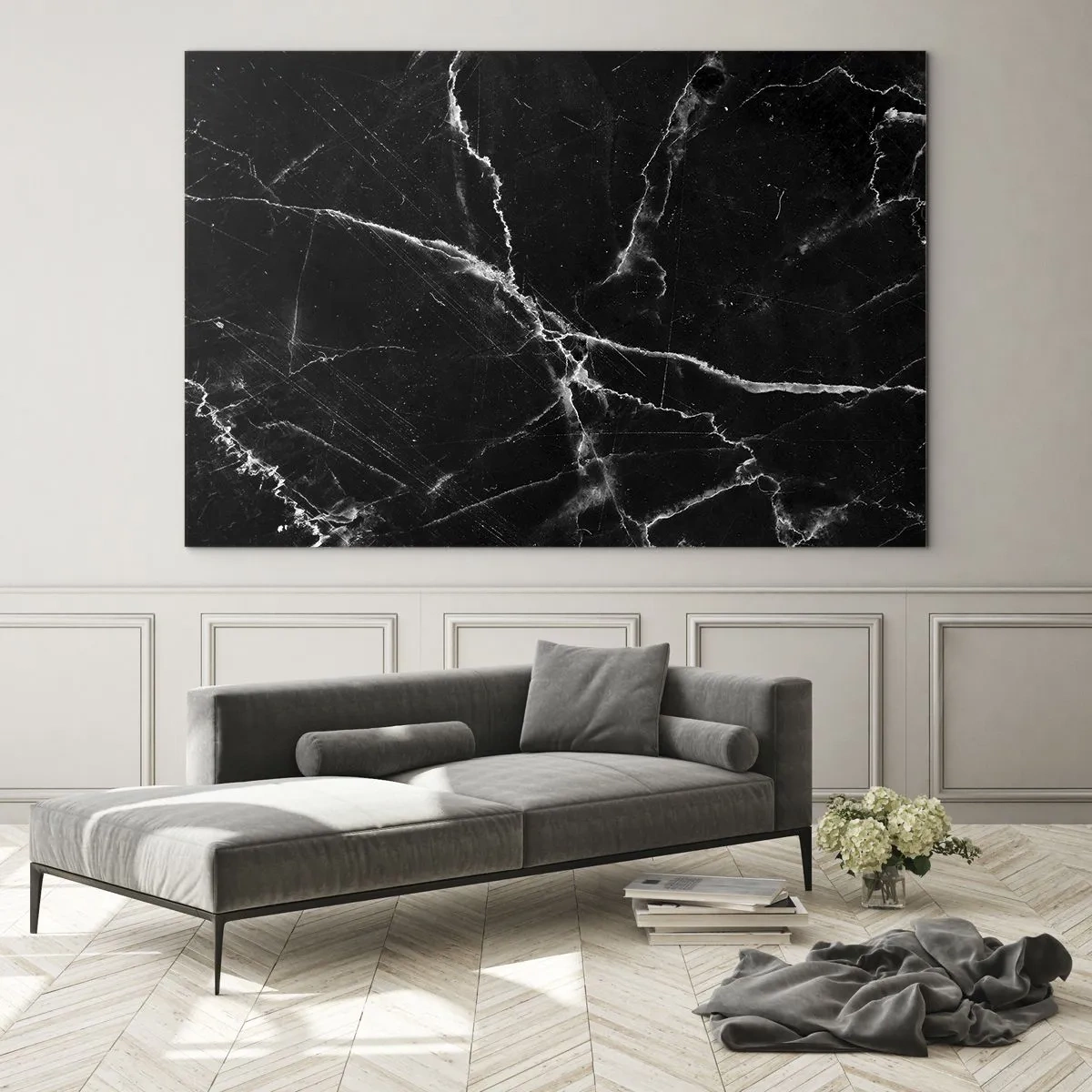 Obraz na skle - Černý mramorový povrch se světlými žilkami - 70x50cm - Tajemný život kamene - Moderní nástěnná dekorace do obývacího pokoje a ložnice ARTTOR