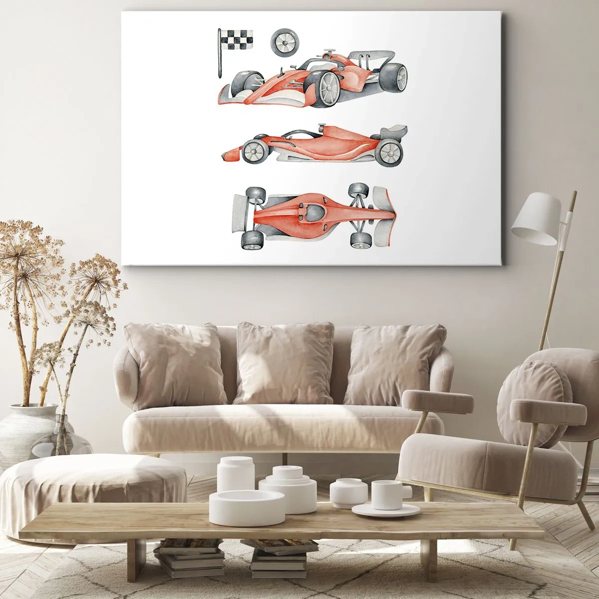 Obraz na plátně - Červené závodní auto s šachovnicovou vlajkou - 70x50cm - Dohnat sen - Moderní nástěnná dekorace do obývacího pokoje a ložnice ARTTOR