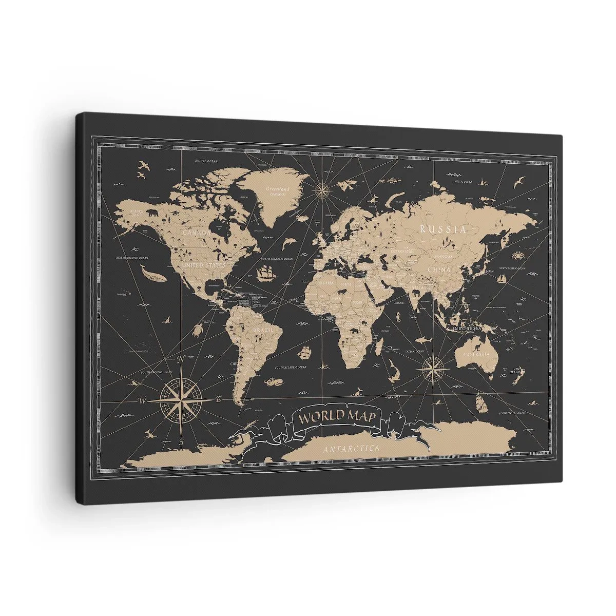 Obraz na plátně - Stylizovaná mapa světa na černém pozadí s béžovými akcenty. - 70x50cm - Hranice mého světa - Moderní nástěnná dekorace do obývacího pokoje a ložnice ARTTOR