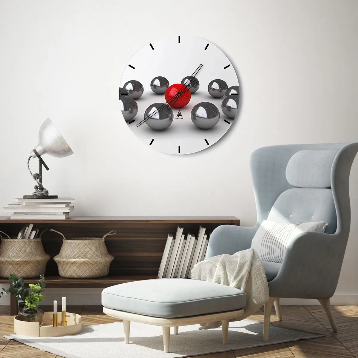 Nástěnné hodiny - Červené a stříbrné kuličky na bílém pozadí, minimalistický vzor - 30x30cm - Kruh v stříbrné a červené - Moderní nástěnná dekorace do obývacího pokoje, kuchyně a ložnice ARTTOR