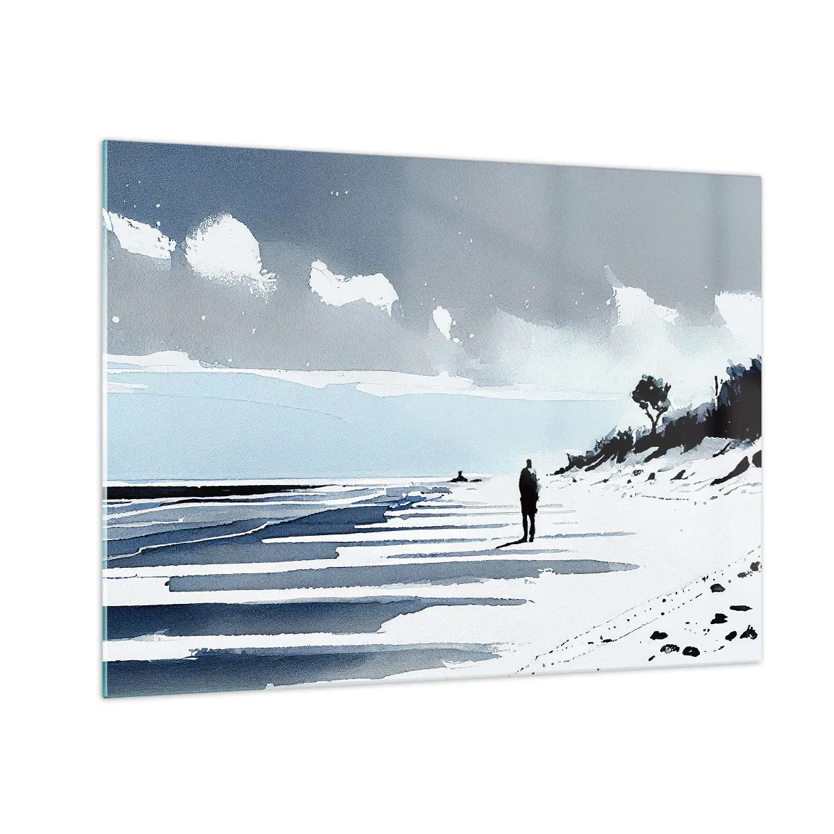 Obraz na skle - Silueta osamělého člověka kráčejícího po prázdné pláži - 70x50cm - O samotě - Moderní nástěnná dekorace do obývacího pokoje a ložnice ARTTOR