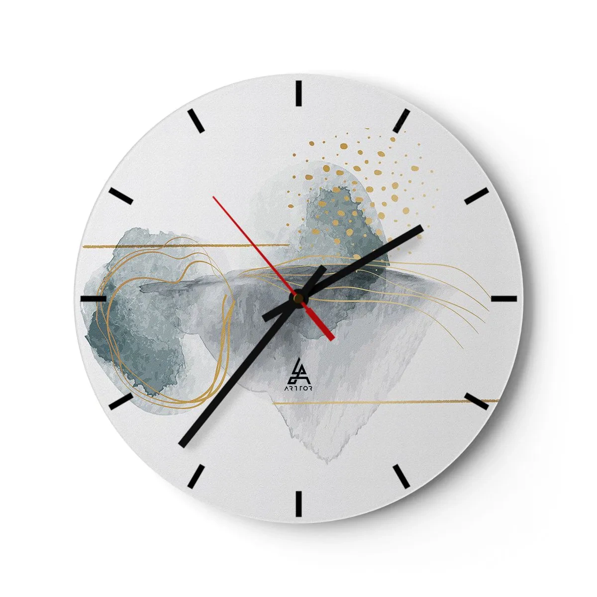 Nástěnné hodiny - Pastelové abstraktní tvary se zlatými čarami a tečkami na bílém pozadí. - 30x30cm - O vztahu mezi šedou a zlatou - Moderní nástěnná dekorace do obývacího pokoje, kuchyně a ložnice ARTTOR