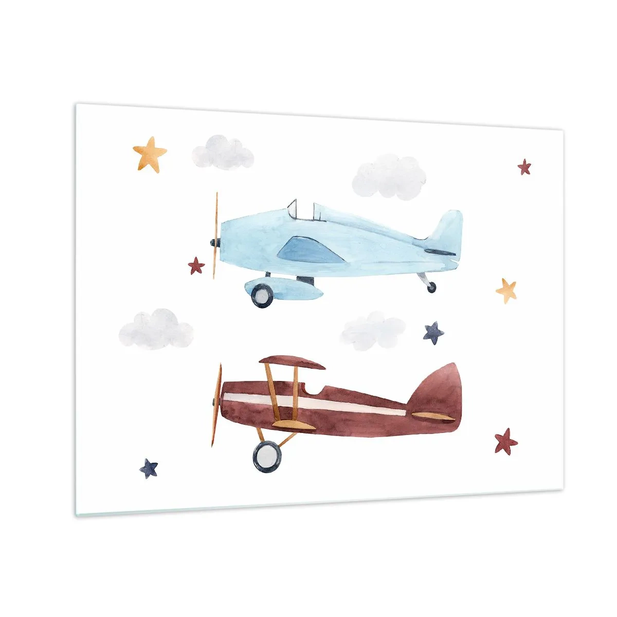 Obraz na skle - Dvě barevná letadla mezi hvězdami a mraky - 70x50cm - Pane pilote, čekáme! - Moderní nástěnná dekorace do obývacího pokoje a ložnice ARTTOR