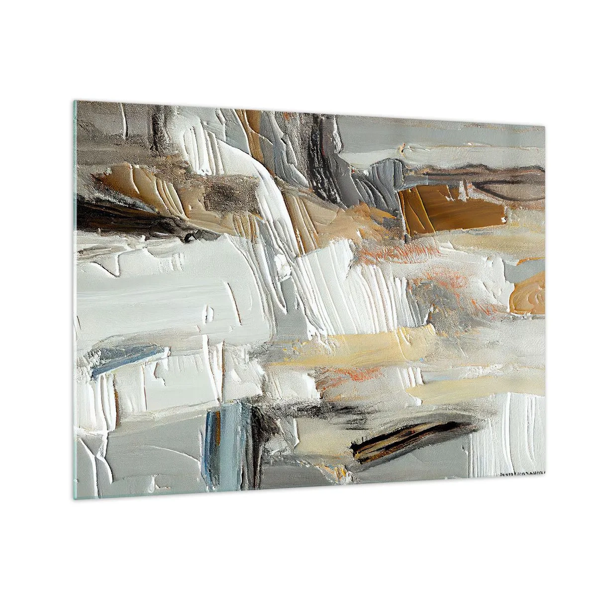 Obraz na skle - Abstraktní kompozice v zemitých tónech s výraznou texturou. - 70x50cm - Barevné nahromadění - Moderní nástěnná dekorace do obývacího pokoje a ložnice ARTTOR