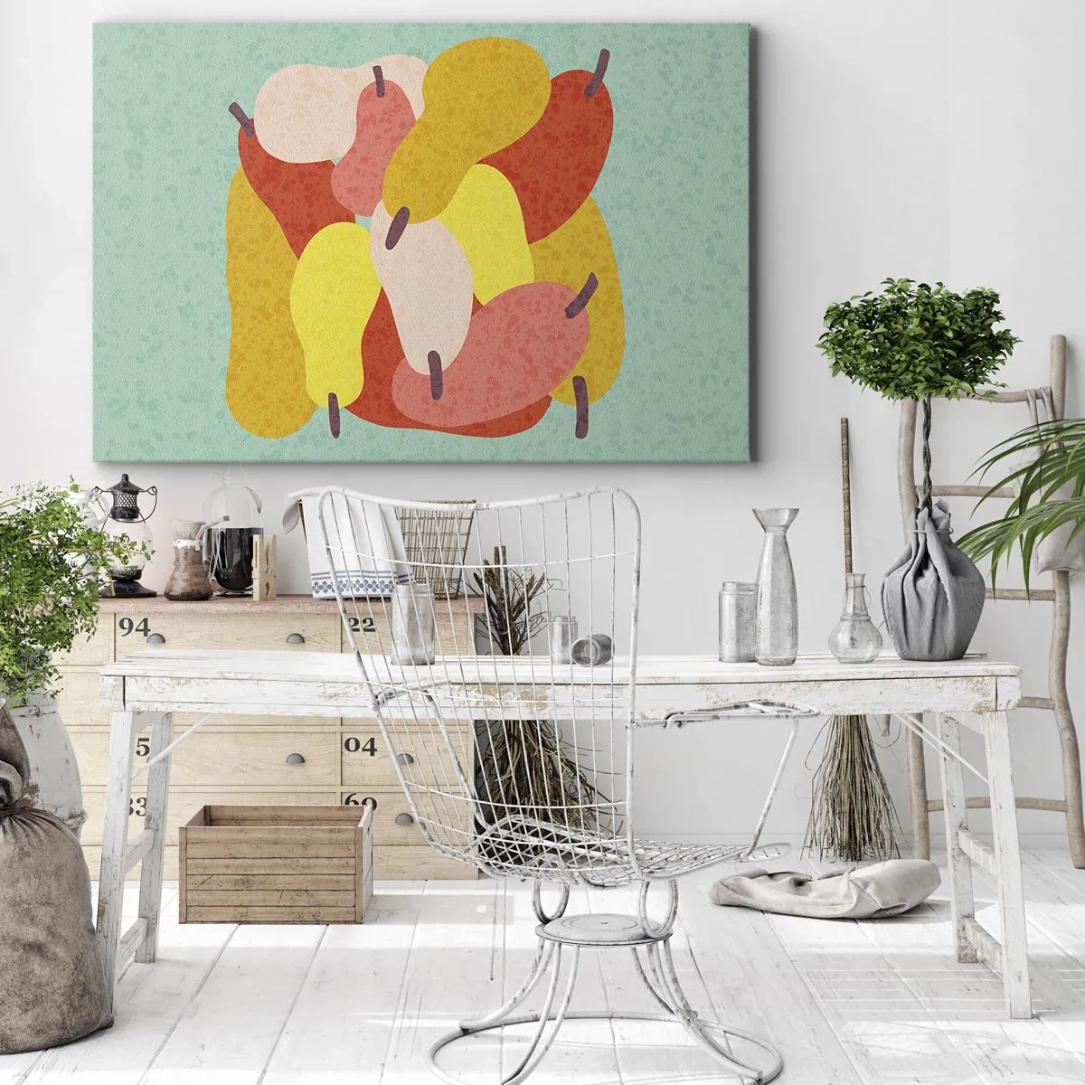 Obraz na plátně - Barevné abstraktní hrušky na zeleném pozadí - 70x50cm - Ochutnejte letní slunce - Moderní nástěnná dekorace do obývacího pokoje a ložnice ARTTOR