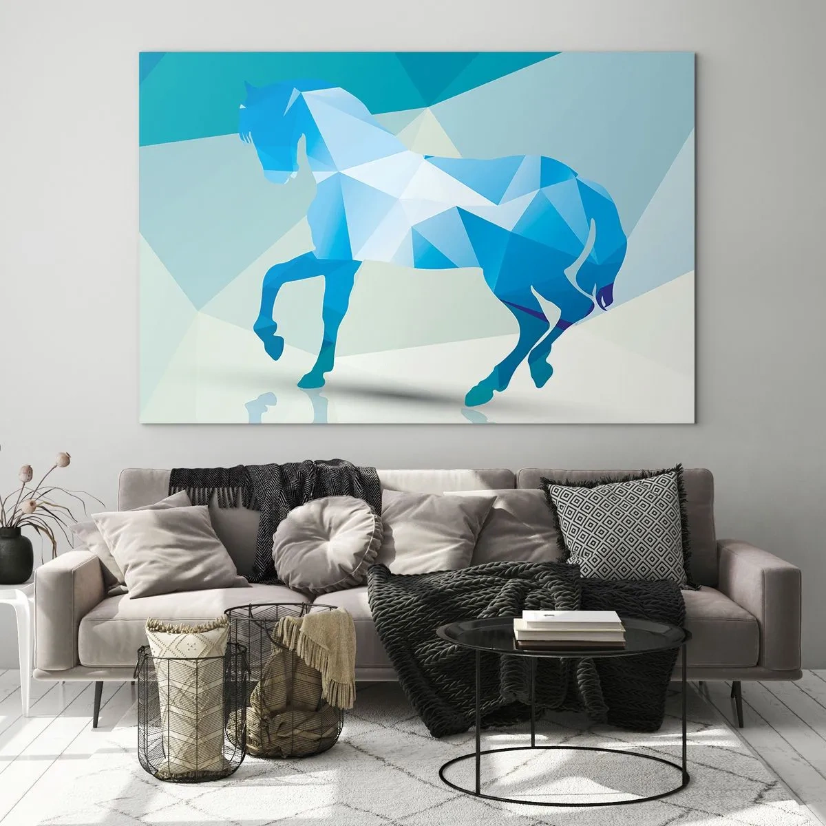Obraz na skle - Geometrický kůň v odstínech modré a bílé - 70x50cm - Geometrický kůň v tyrkysu - Moderní nástěnná dekorace do obývacího pokoje a ložnice ARTTOR