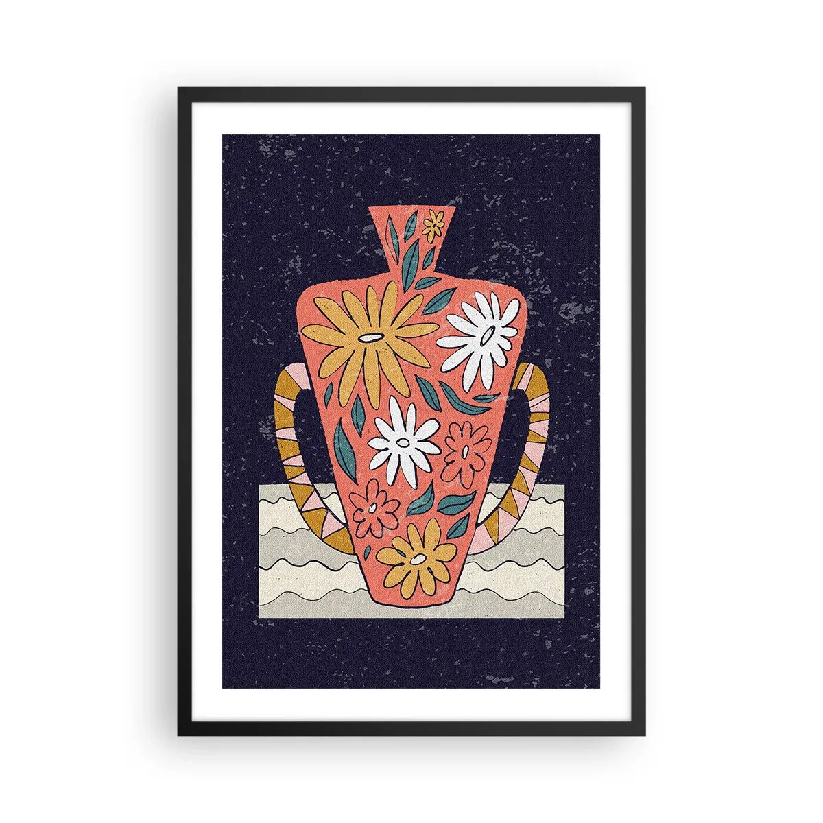 Plakát v černém rámu - Barevná váza s květinovým vzorem na tmavém pozadí - 50x70cm - Malovaný džbán - Moderní nástěnná dekorace do obývacího pokoje a ložnice ARTTOR