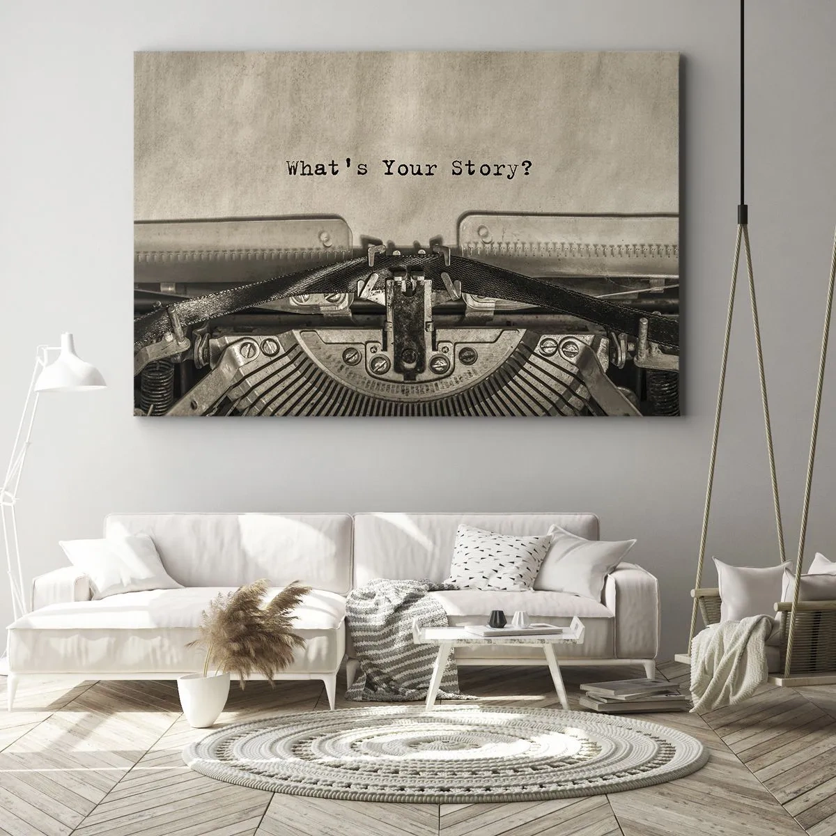 Obraz na plátně - Psací stroj s nápisem Jaký je tvůj příběh? - 70x50cm - Pověz mi - Moderní nástěnná dekorace do obývacího pokoje a ložnice ARTTOR
