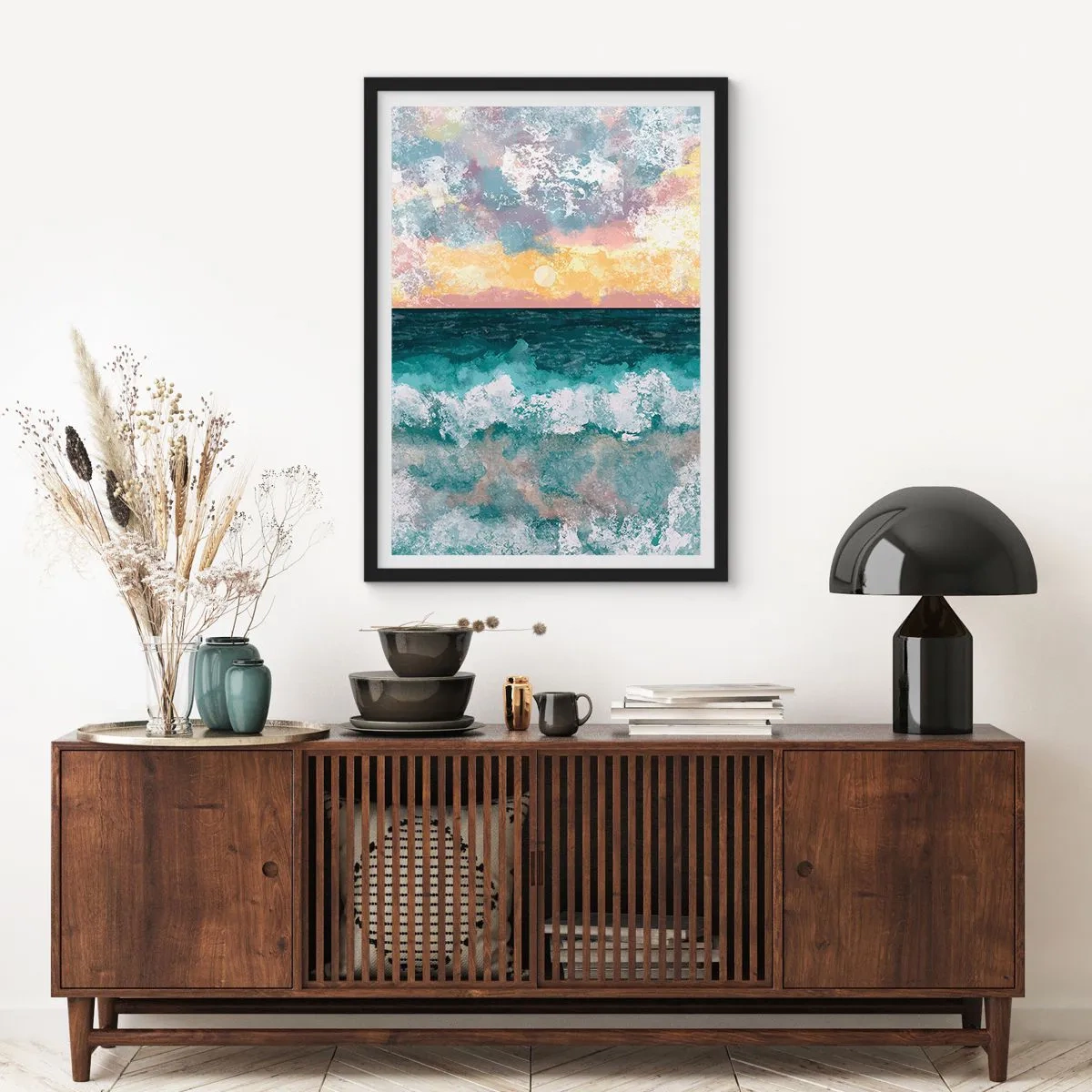Plakát v černém rámu - Mořské vlny a západ slunce ve stylu akvarelu - 50x70cm - Voda, světlo, vzduch - Moderní nástěnná dekorace do obývacího pokoje a ložnice ARTTOR