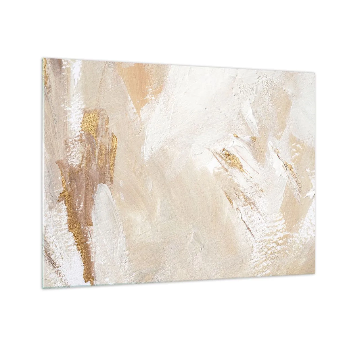 Obraz na skle - Béžová a bílá abstrakce se zlatými akcenty - 70x50cm - Pastelová kompozice - Moderní nástěnná dekorace do obývacího pokoje a ložnice ARTTOR