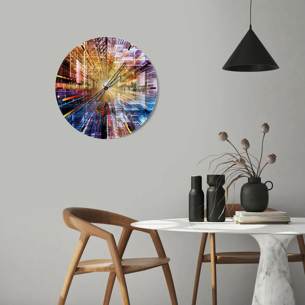 Nástěnné hodiny - Abstraktní vize města se světelnými efekty a barvami - 30x30cm - Osvětlená chodba - Moderní nástěnná dekorace do obývacího pokoje, kuchyně a ložnice ARTTOR