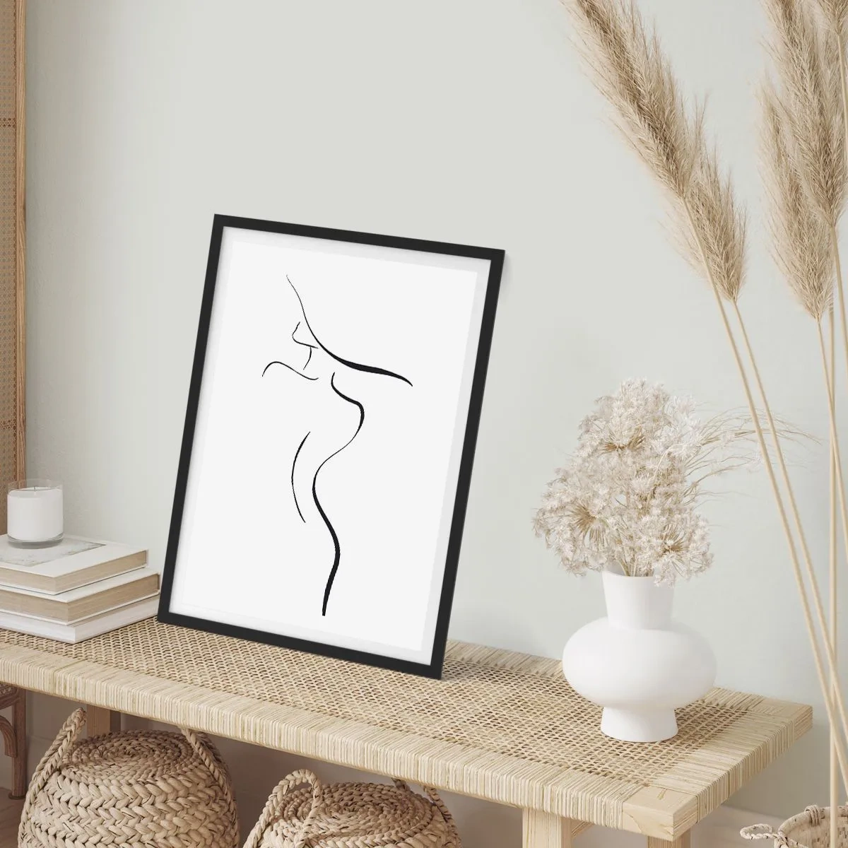 Plakát v černém rámu - Minimalistická silueta ženy nakreslená černou čarou. - 50x70cm - Nepolapitelná jako vlna - Moderní nástěnná dekorace do obývacího pokoje a ložnice ARTTOR