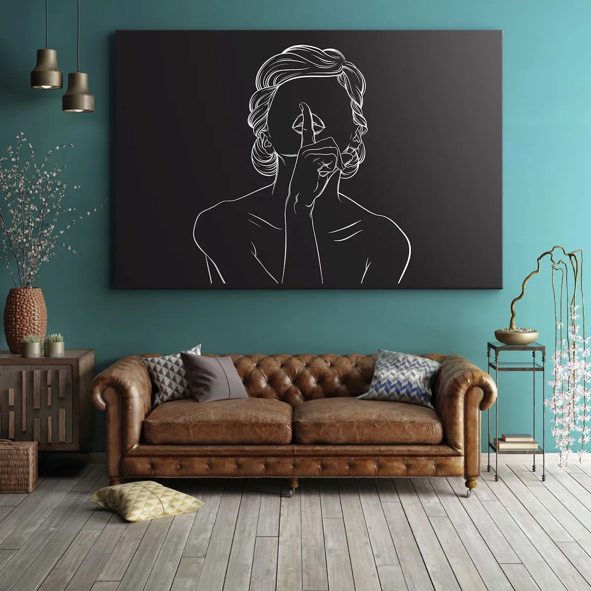 Obraz na plátně - Minimalistická silueta ženy na černém pozadí - 70x50cm - Krása rozkvétá v tichu - Moderní nástěnná dekorace do obývacího pokoje a ložnice ARTTOR