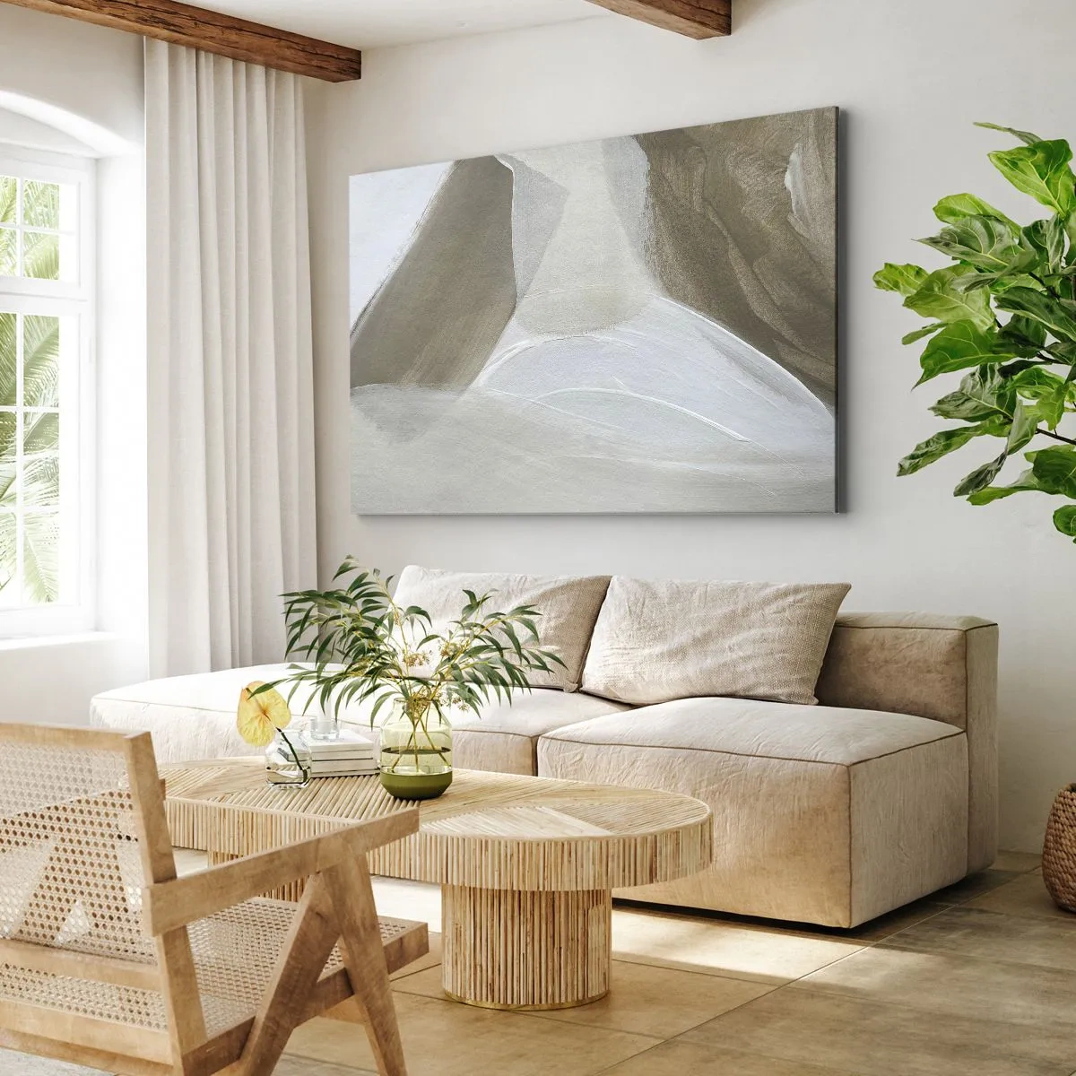 Obraz na plátně - Jemná abstrakce v odstínech béžové a bílé - 70x50cm - Vlna bílé - Moderní nástěnná dekorace do obývacího pokoje a ložnice ARTTOR