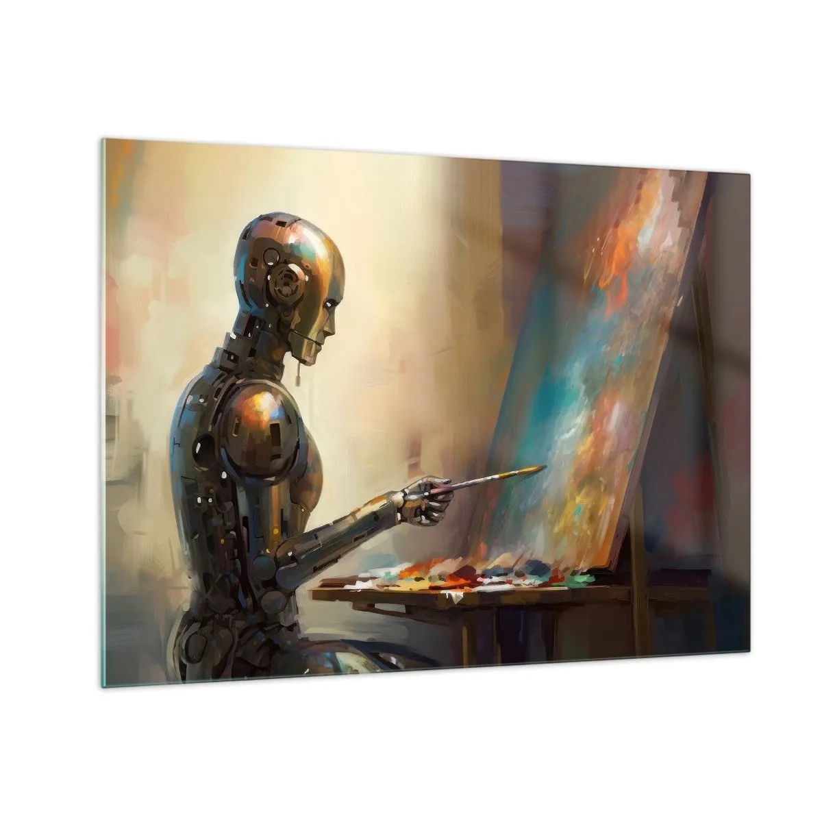 Obraz na skle - Robot malující obraz u stojanu - 70x50cm - Umění budoucnosti - Moderní nástěnná dekorace do obývacího pokoje a ložnice ARTTOR
