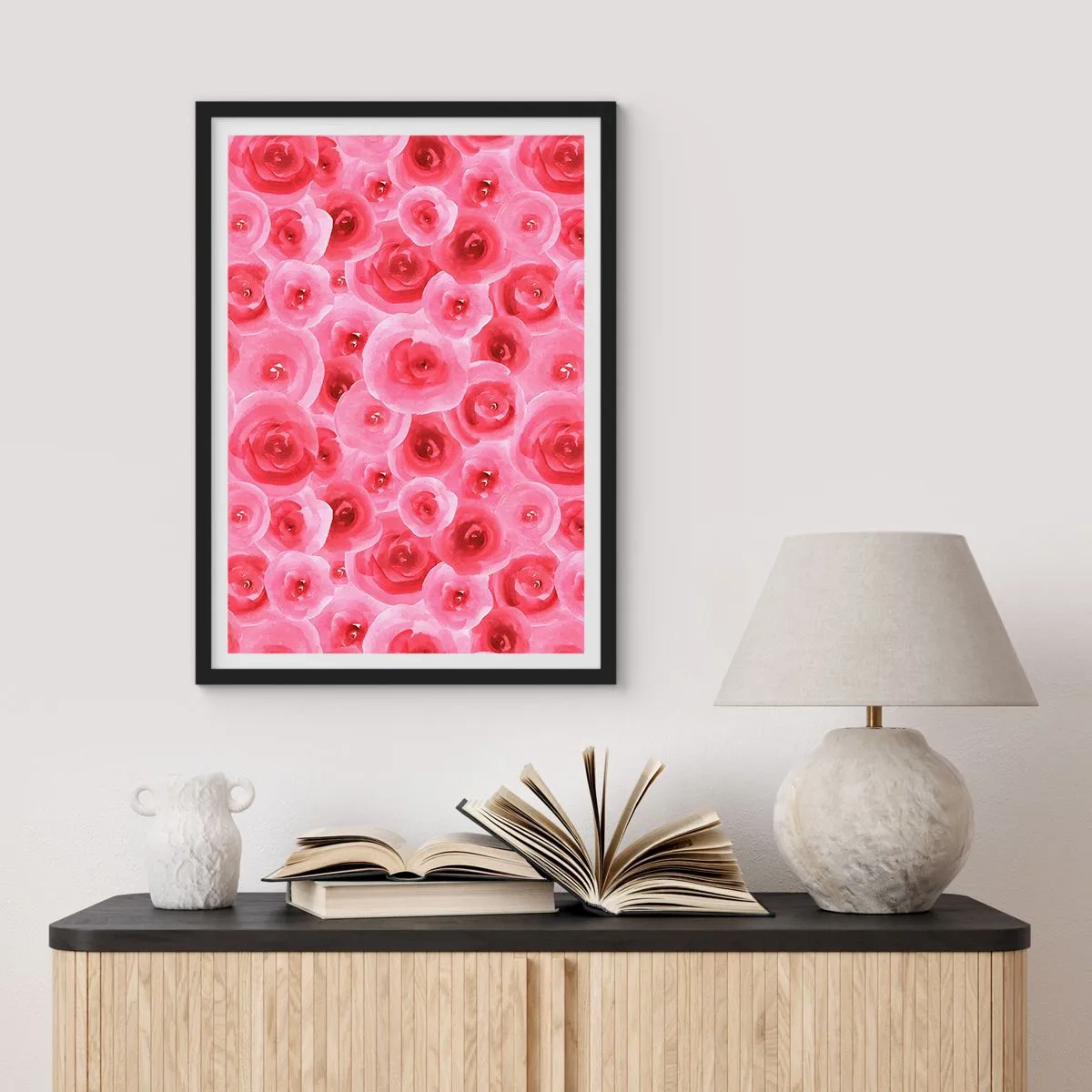 Plakát v černém rámu - Akvarel růžových růží v romantickém stylu - 50x70cm - Růže dole i nahoře - Moderní nástěnná dekorace do obývacího pokoje a ložnice ARTTOR