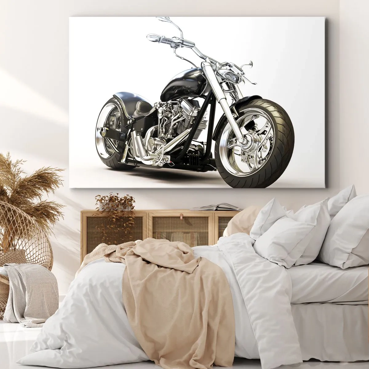 Obraz na plátně - Stylový černý motocykl na bílém pozadí - 70x50cm - Síla s charakterem - Moderní nástěnná dekorace do obývacího pokoje a ložnice ARTTOR
