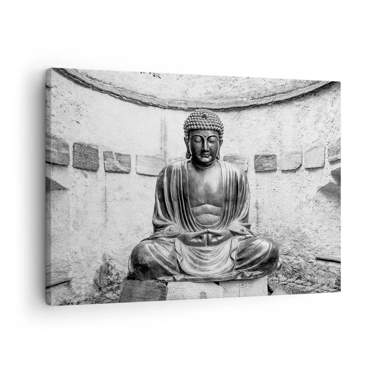 Obraz na plátně - Černá a bílá socha Buddhy v meditativní póze - 70x50cm - U zdroje klidu - Moderní nástěnná dekorace do obývacího pokoje a ložnice ARTTOR
