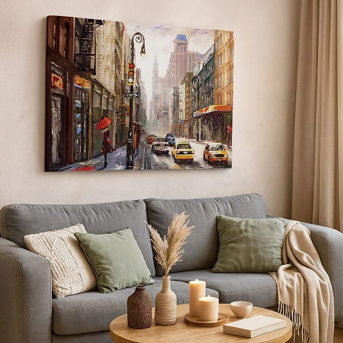 Obraz na plátně - Město s ulicí a žlutými taxíky - 70x50cm - New York – barevný i v dešti - Moderní nástěnná dekorace do obývacího pokoje a ložnice ARTTOR